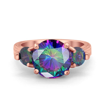Three Stone Ring Round Rose Tone, Simulated Rainbow CZ & Rainbow 925 Sterling Silver
